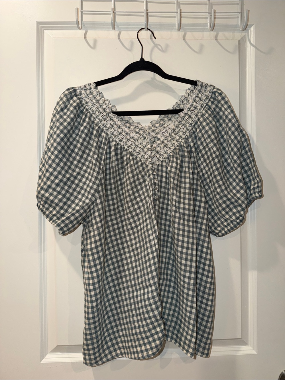 Madewell Green Gingham Lace-Trim Peasant Blouse